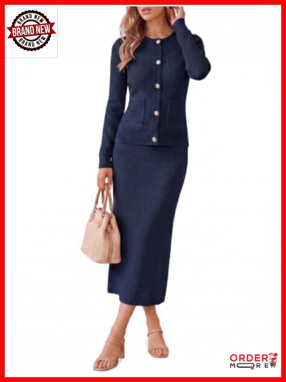 Womens 2 Piece Outfit Button Down Cardigan Ribbed Knit Maxi Skirt Set
